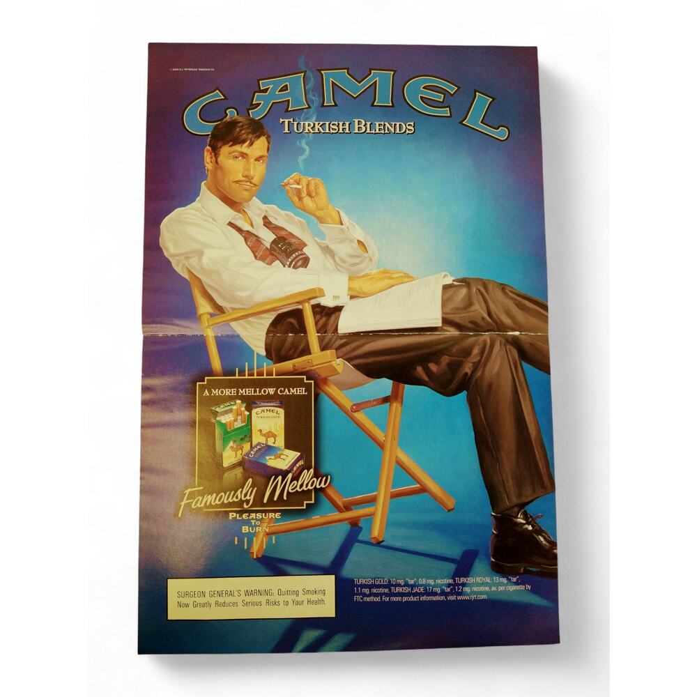 2004‎ Camel Turkish Blends 2pg Print Ad Man in Director's Chair Smoking Mellow